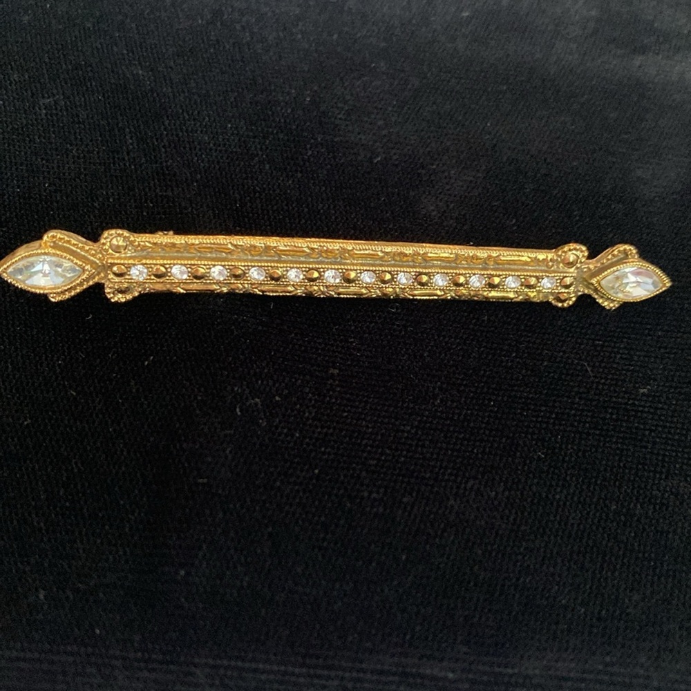 Vintage Gold Bar Brooch with Crystal Accents